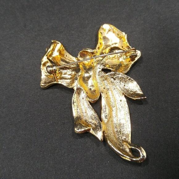 Vintage Black Enamel Bow Brooch, Clear Rhinestone Ribbons, Gold Tone - Picture 3 of 5